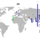This chart shows where salts were sampled, with the height of the bars indicating the number of pieces of microplastic per kilogram of salt found in each sample.